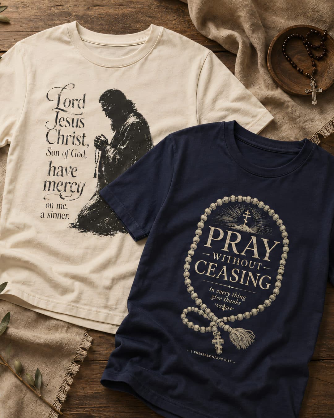 Two Scripture Plates tees laid on rough linen and old wood: an ivory shirt with the Jesus Prayer, a navy shirt reading “Pray Without Ceasing” beside an olive branch and a prayer rope.
