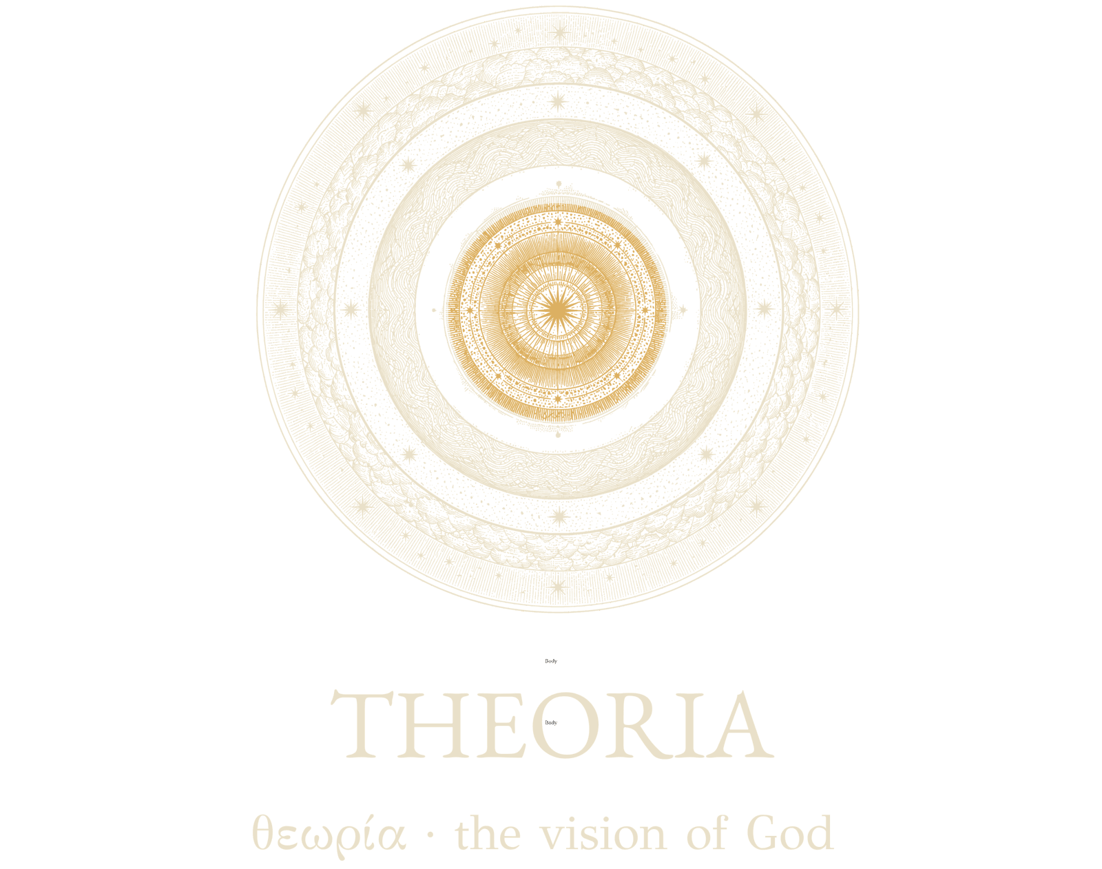 THEORIA — θεωρία, the vision of God. Engraved plate: concentric rings of stars and waves around a golden centre.